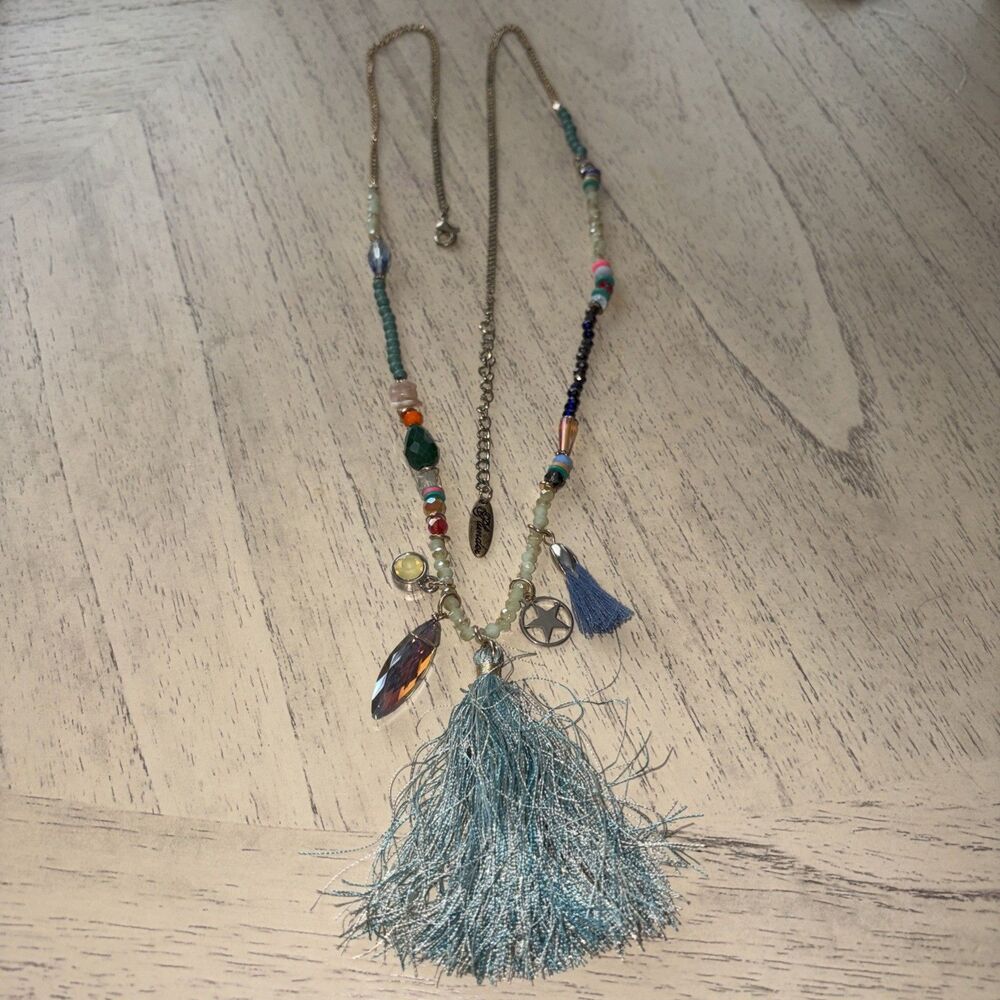 Plunder Mixed Bead Long Pendant Necklace Rhinestone Tassel Boho Statement
